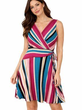 Roz Ali Striped Wrap Midi Dress Multicolor Sleeveless Size 6 Side Tie